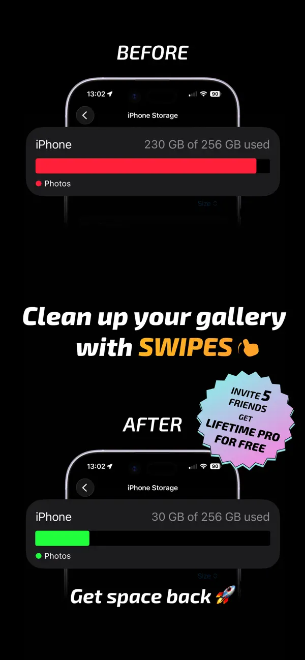 Gallery Dash showing before and after iPhone photo storage cleanup