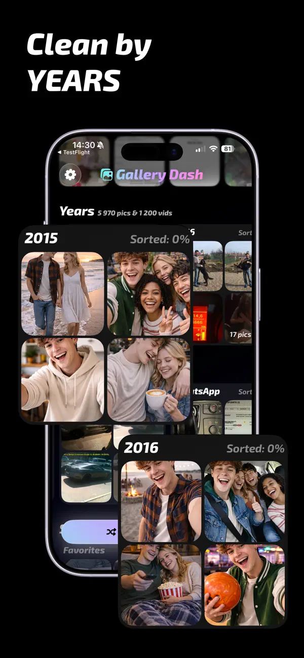Gallery Dash showing iPhone photo cleanup organized by year